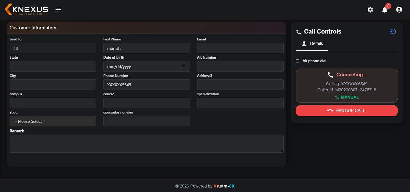 KRUDRA-CX Knexus CRM live dashboard